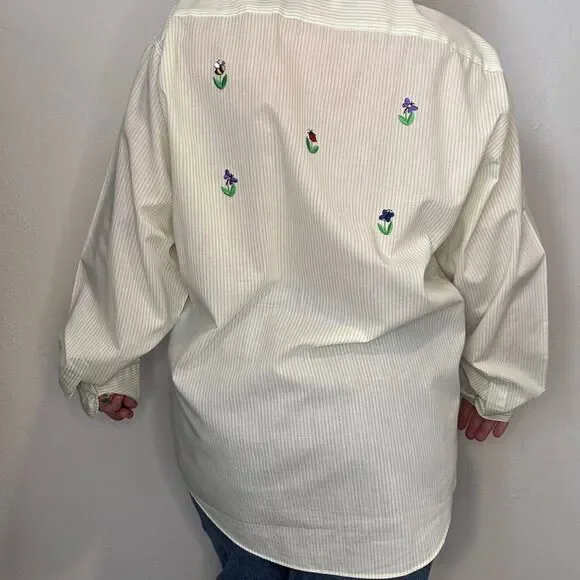 Vintage XL Lime Green Striped Button Down Embroidered Bugs Flowers Rhinestones - Picture 3 of 11